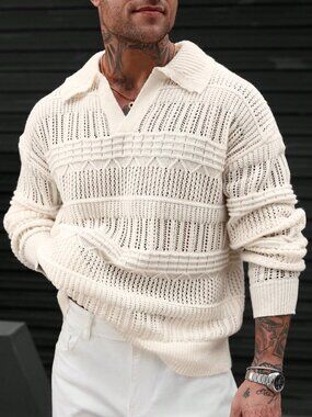 Multicolor Casual Men's Loose Drop Sleeve Rib-Knit Hollow Out Sweater